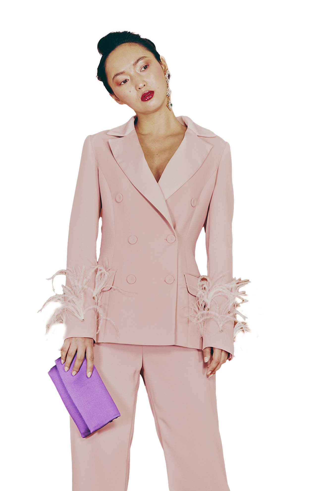 TAILLEUR DOPPIOPETTO ROSA CON PIUME E SWAROVSKI