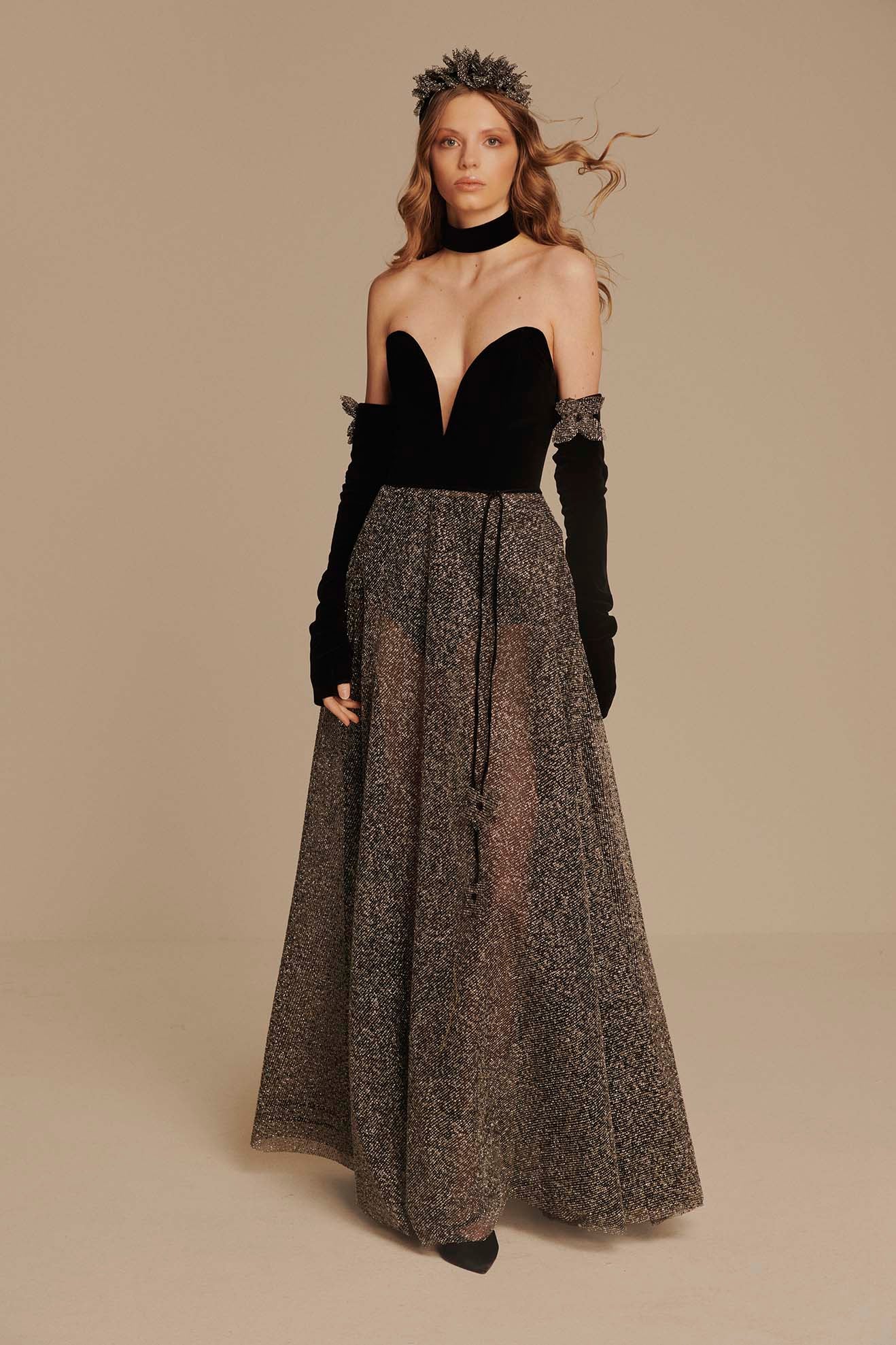 LONG DRESS IN VELVET AND GLITTER TULLE