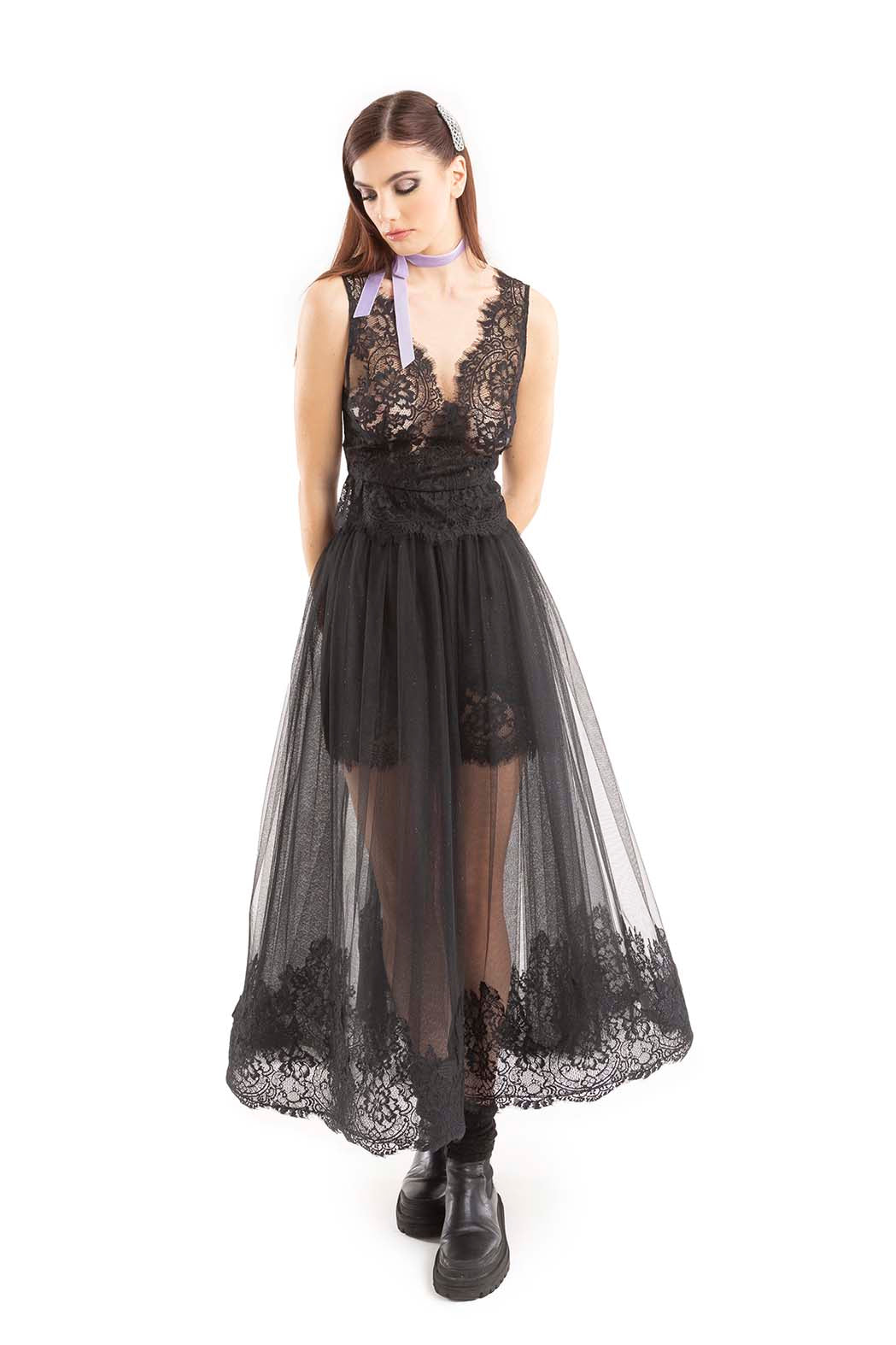 GONNA MIDI IN TULLE E PIZZO