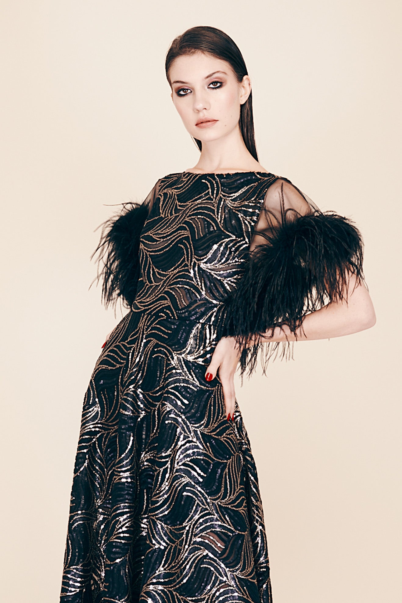 MIDI DRESS IN SEQUINS AND FEATHERS