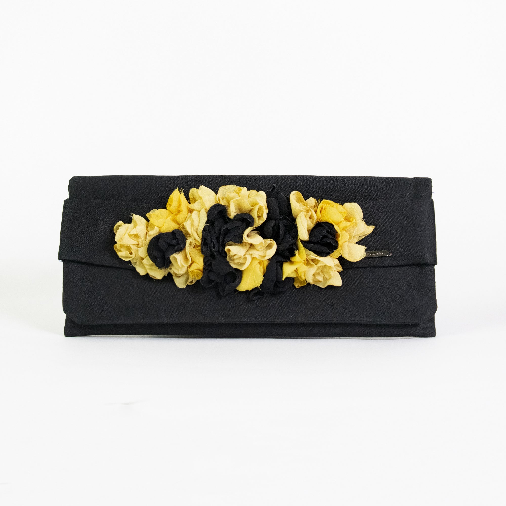 Black clutch bag with two-tone flowers