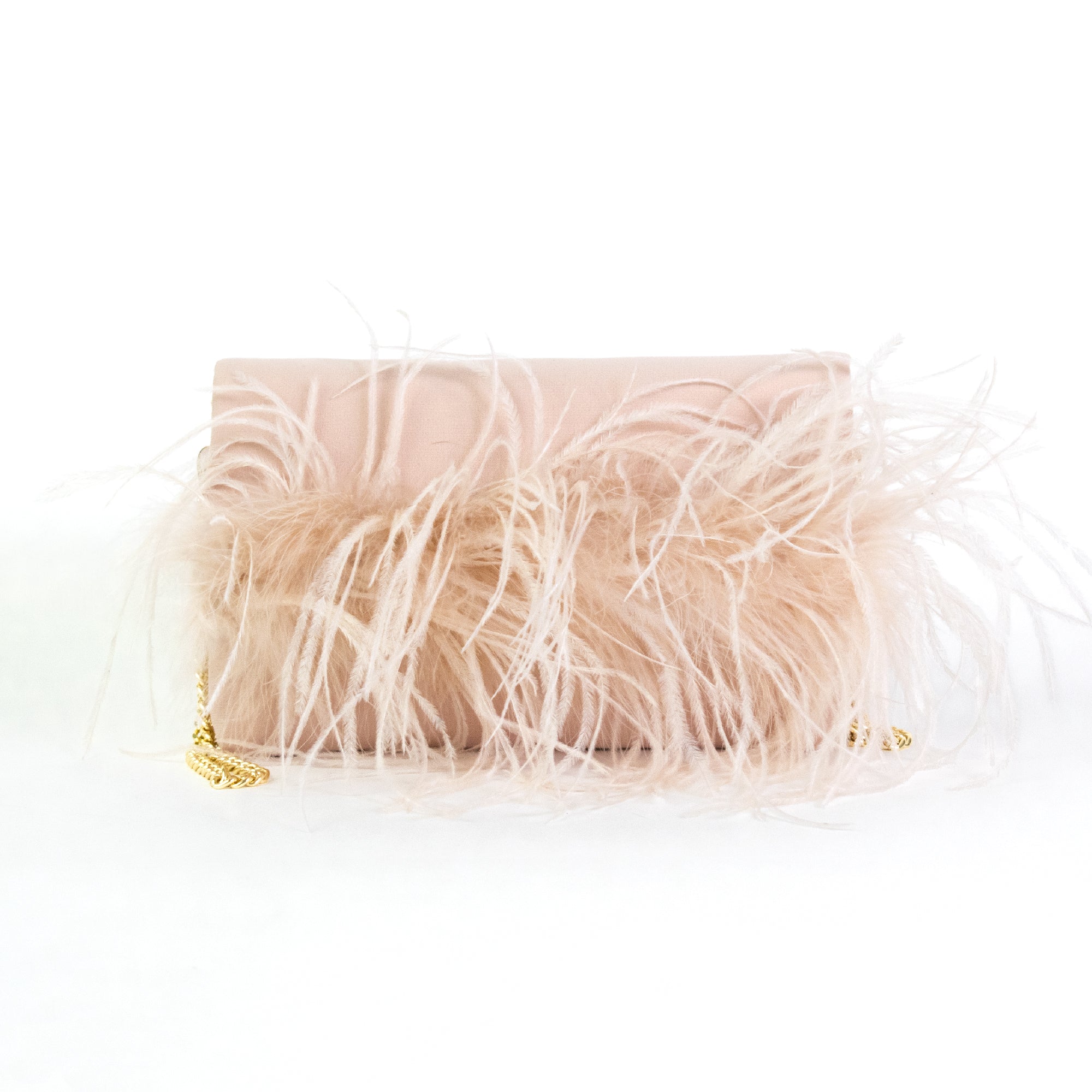 Pink clutch bag with feathers