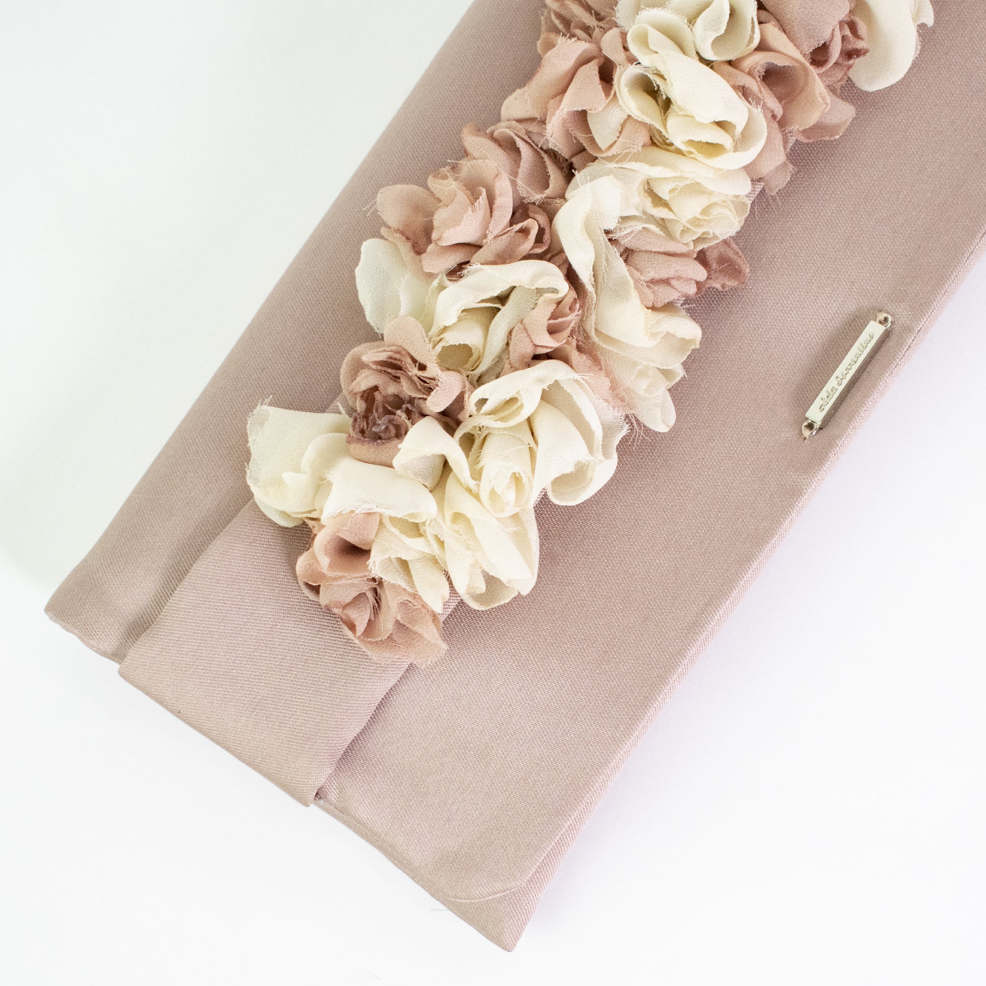 Powder pink clutch bag with two-tone flowers