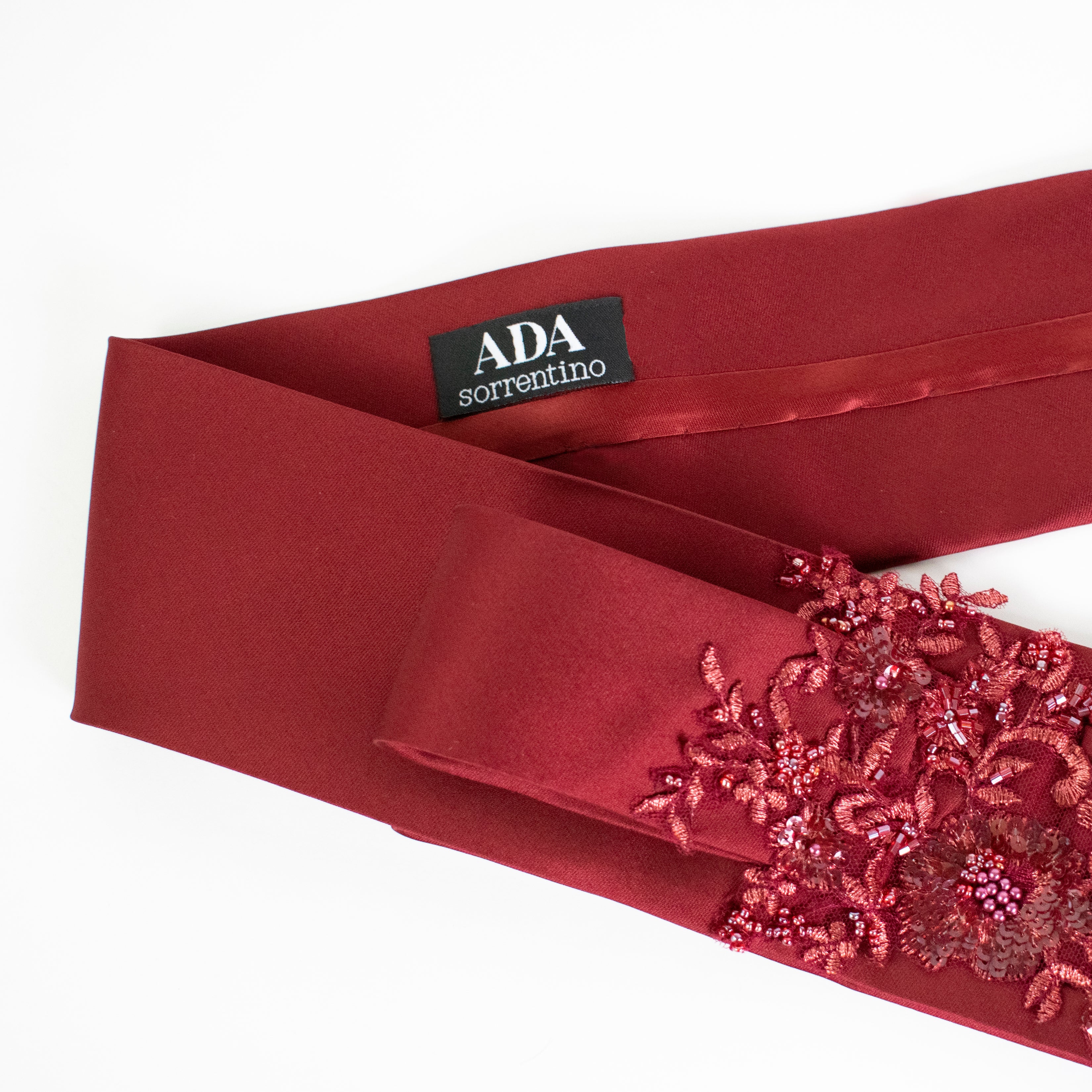 Burgundy mikado belt with bow and applications