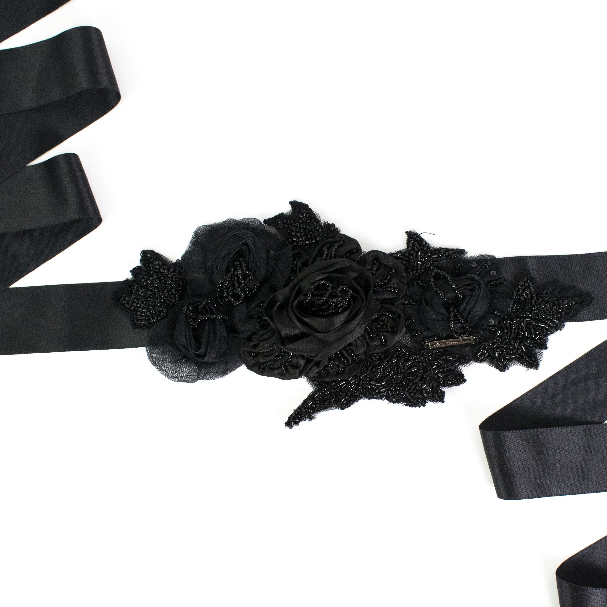 Black satin belt with three-dimensional flowers